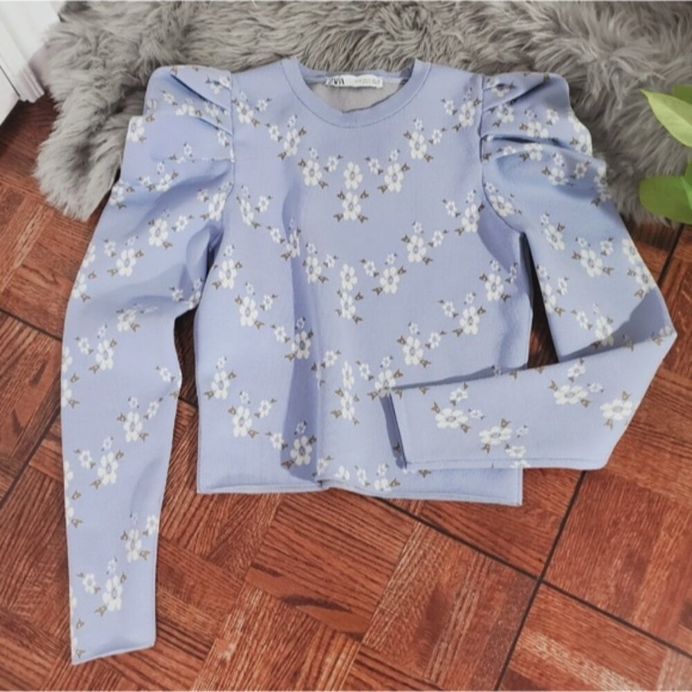 ZARA Retro Puff Shoulder Sweater With Floral Design